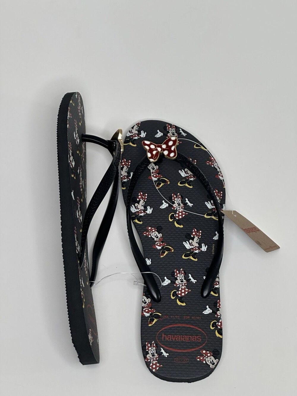 Havaianas Minnie Mouse Flip Flops Women’s 11/12 Metal Bow Charms Black Disney - Picture 3 of 6